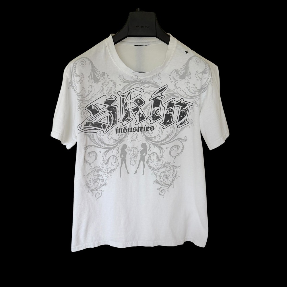 Y2K Skin Industries White T-Shirt Y2K Streetwear Scroll Print Med